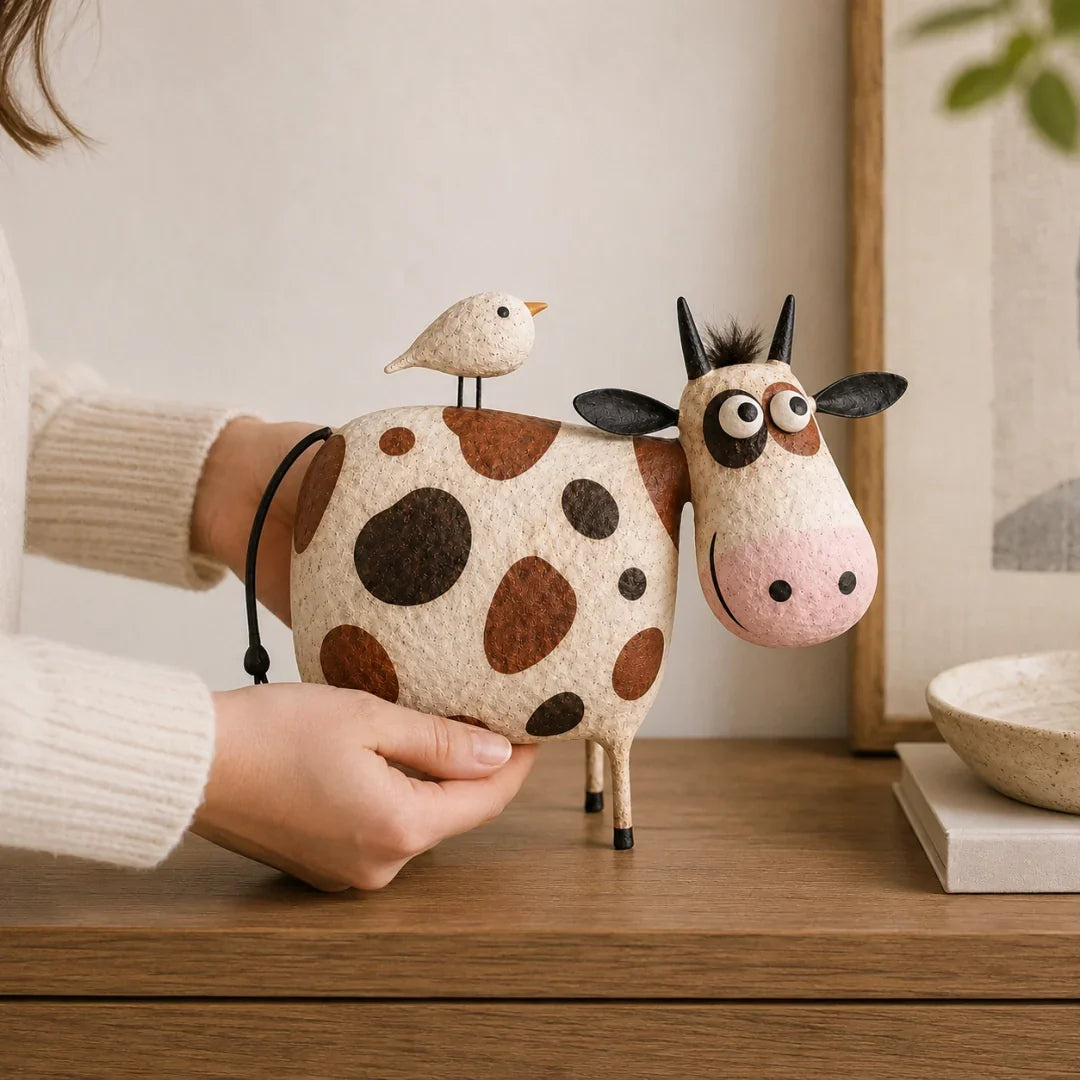 Purpose-Built Whimsical Cow & Bird Folk Art Figurine – Rustic
