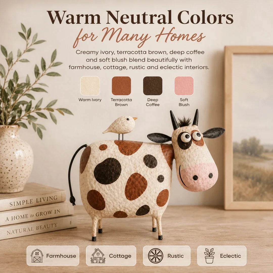 Purpose-Built Whimsical Cow & Bird Folk Art Figurine – Rustic