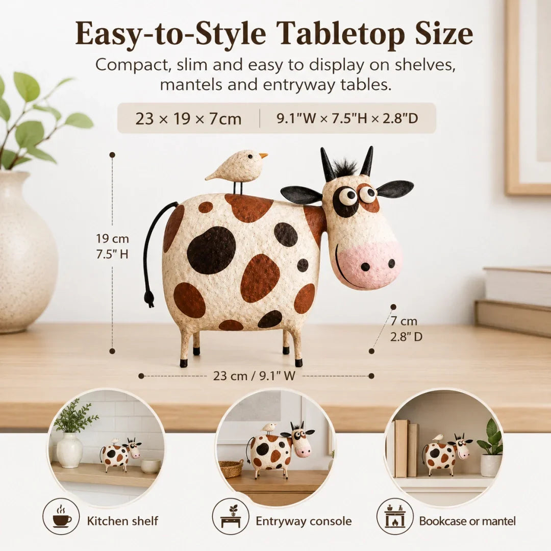 Purpose-Built Whimsical Cow & Bird Folk Art Figurine – Rustic