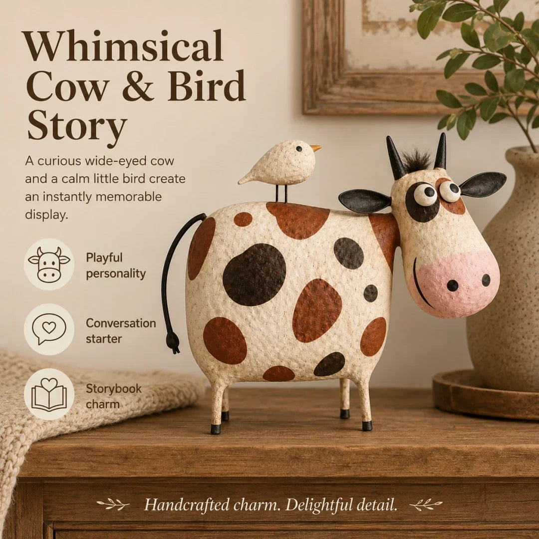 Purpose-Built Whimsical Cow & Bird Folk Art Figurine – Rustic
