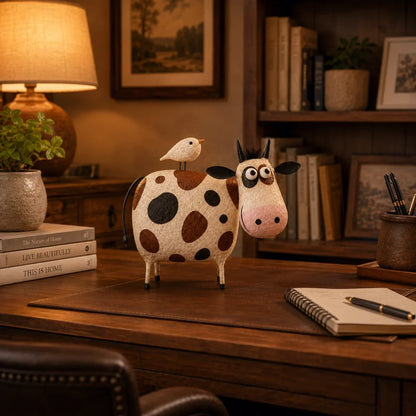 Purpose-Built Whimsical Cow & Bird Folk Art Figurine – Rustic