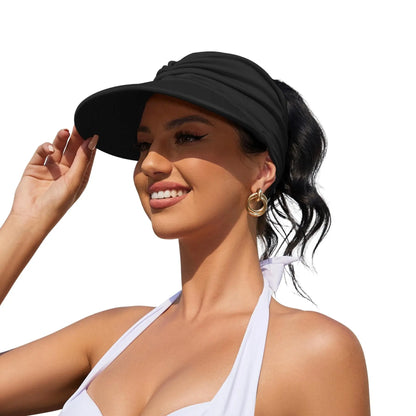 UPF 50+ Wide-Brim Sun Visor Hat with Ponytail Opening