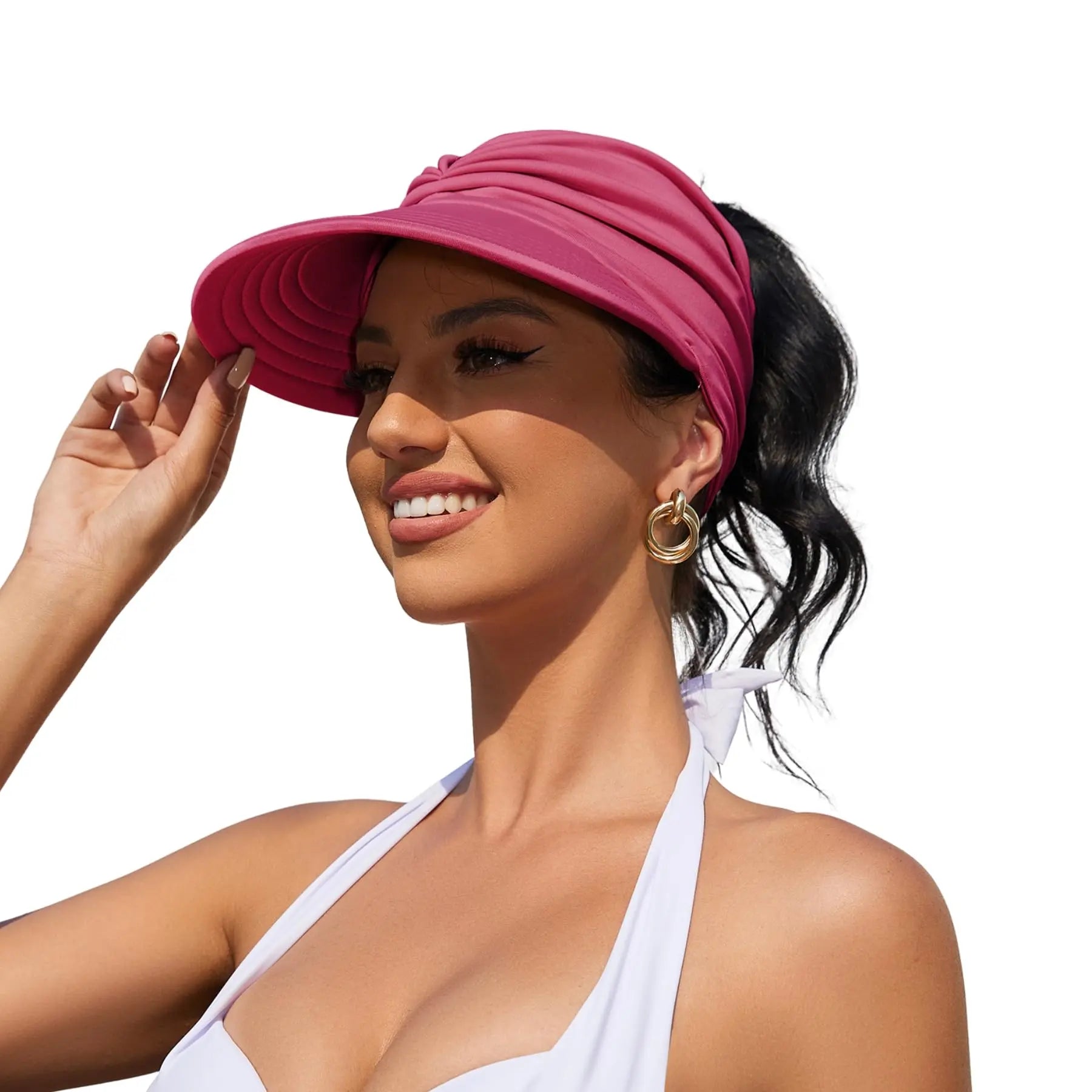 UPF 50+ Wide-Brim Sun Visor Hat with Ponytail Opening
