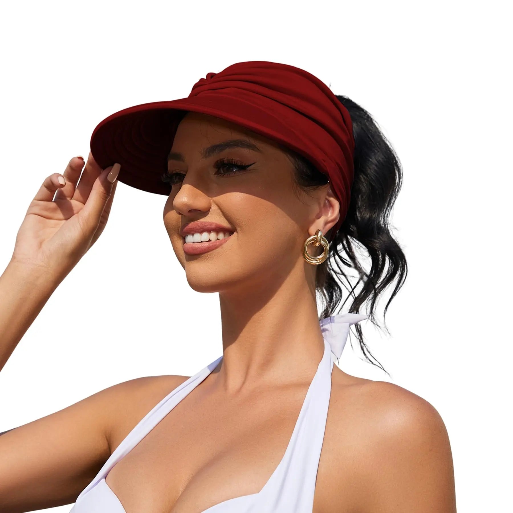 UPF 50+ Wide-Brim Sun Visor Hat with Ponytail Opening