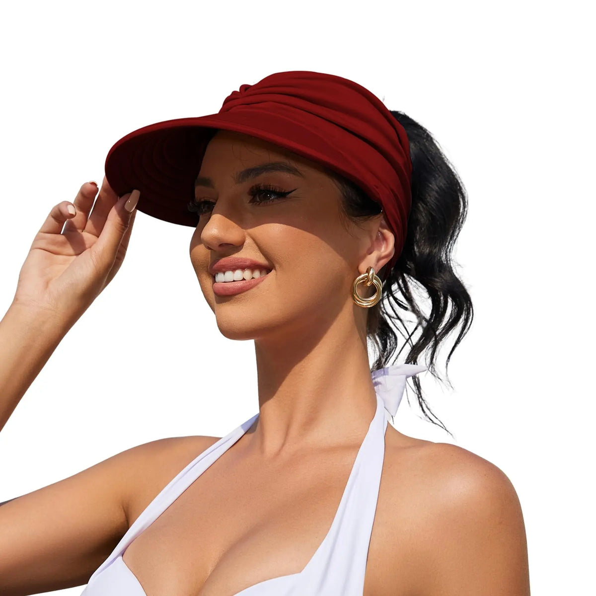 UPF 50+ Wide-Brim Sun Visor Hat with Ponytail Opening