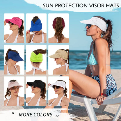 UPF 50+ Wide-Brim Sun Visor Hat with Ponytail Opening