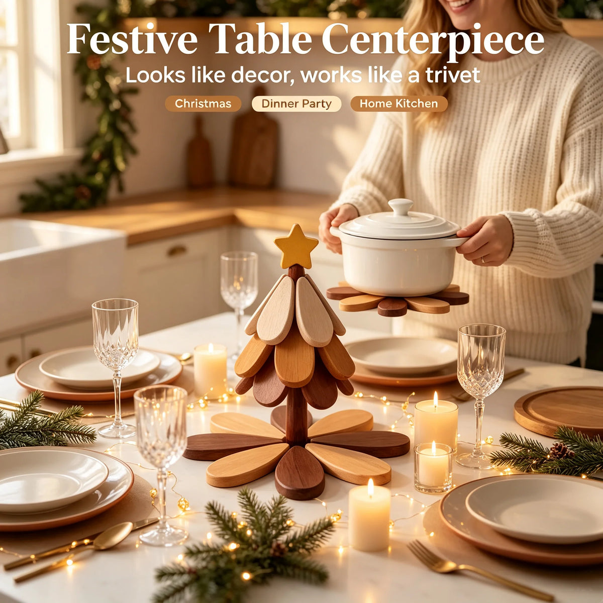 Workshop-Ready 2-in-1 Wooden Tree Trivet – Festive Table