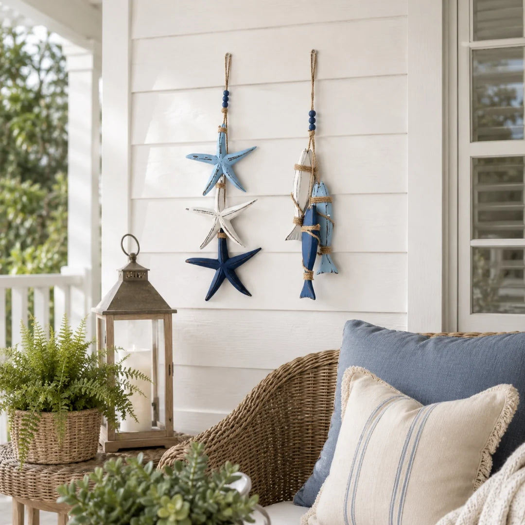 Decorative Lighted Coastal Wooden Starfish & Fish Hanging