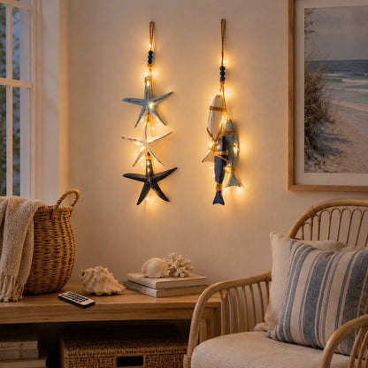 Decorative Lighted Coastal Wooden Starfish & Fish Hanging