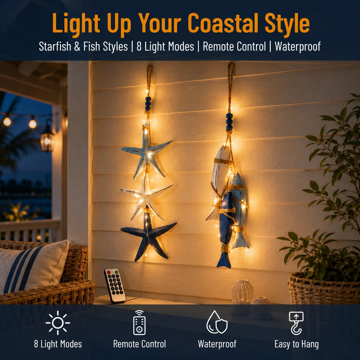 Decorative Lighted Coastal Wooden Starfish & Fish Hanging
