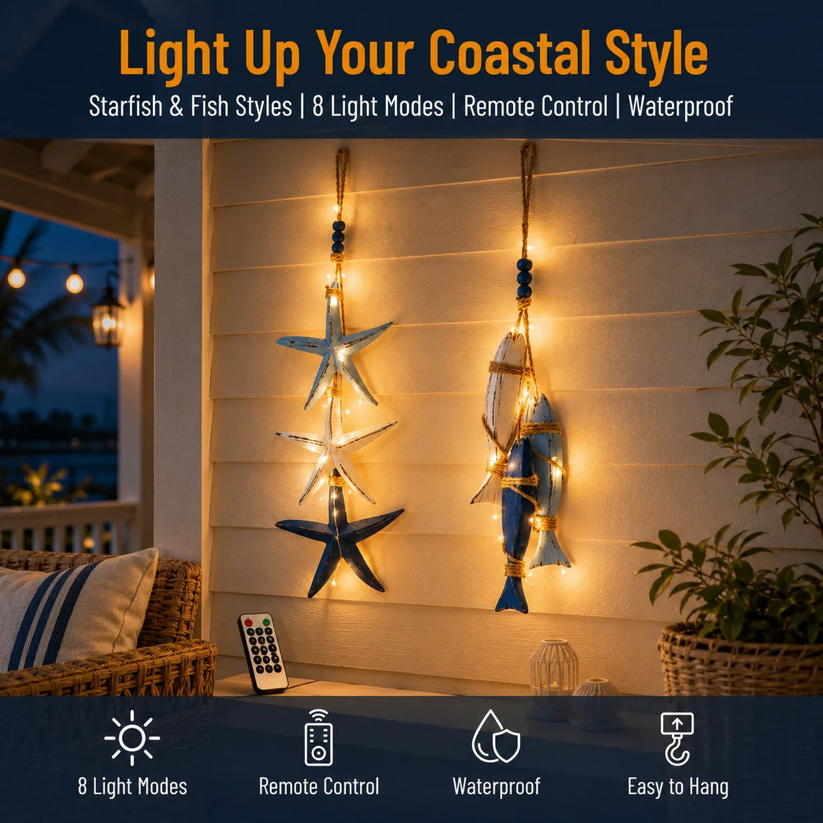 Decorative Lighted Coastal Wooden Starfish & Fish Hanging