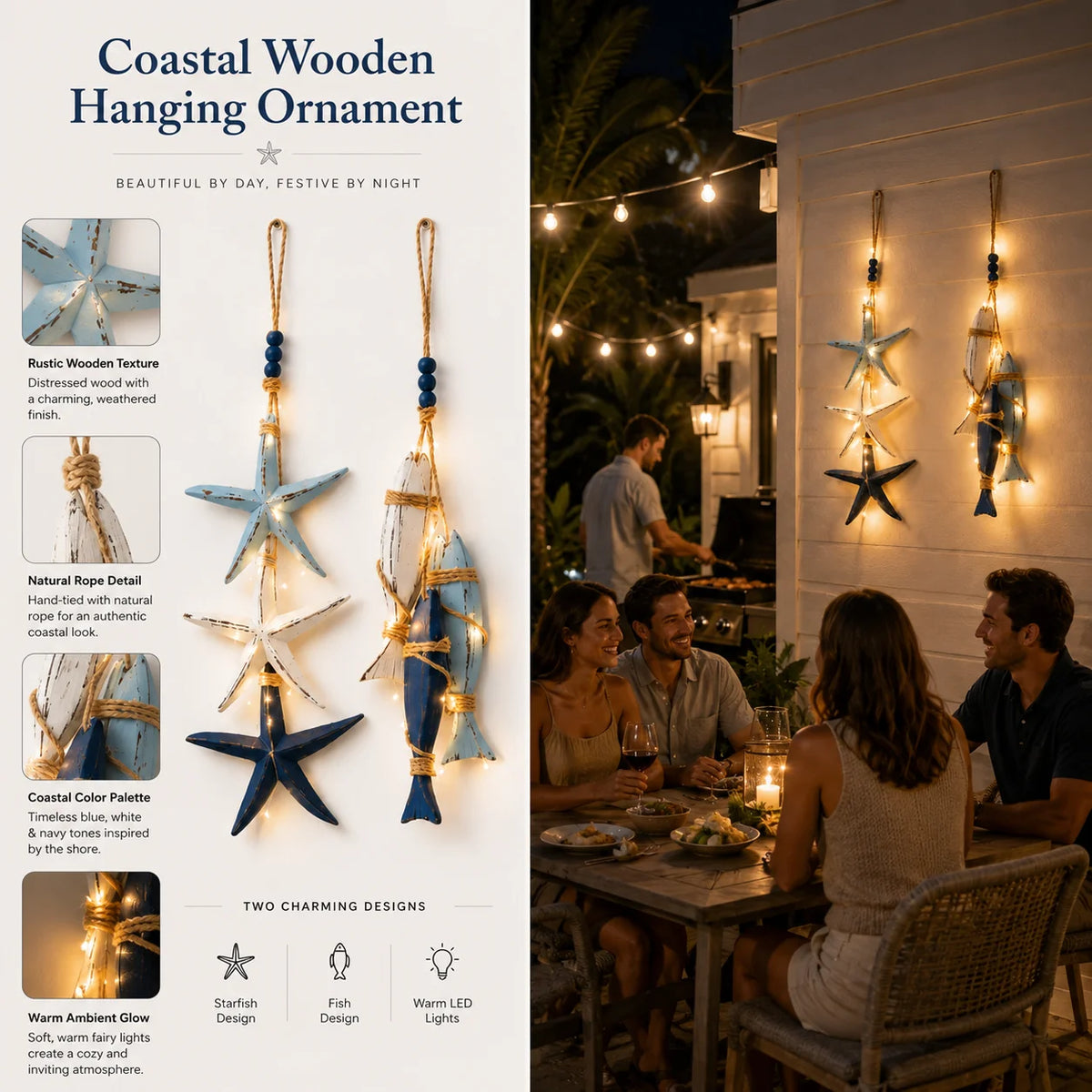 Decorative Lighted Coastal Wooden Starfish & Fish Hanging