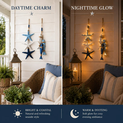 Decorative Lighted Coastal Wooden Starfish & Fish Hanging