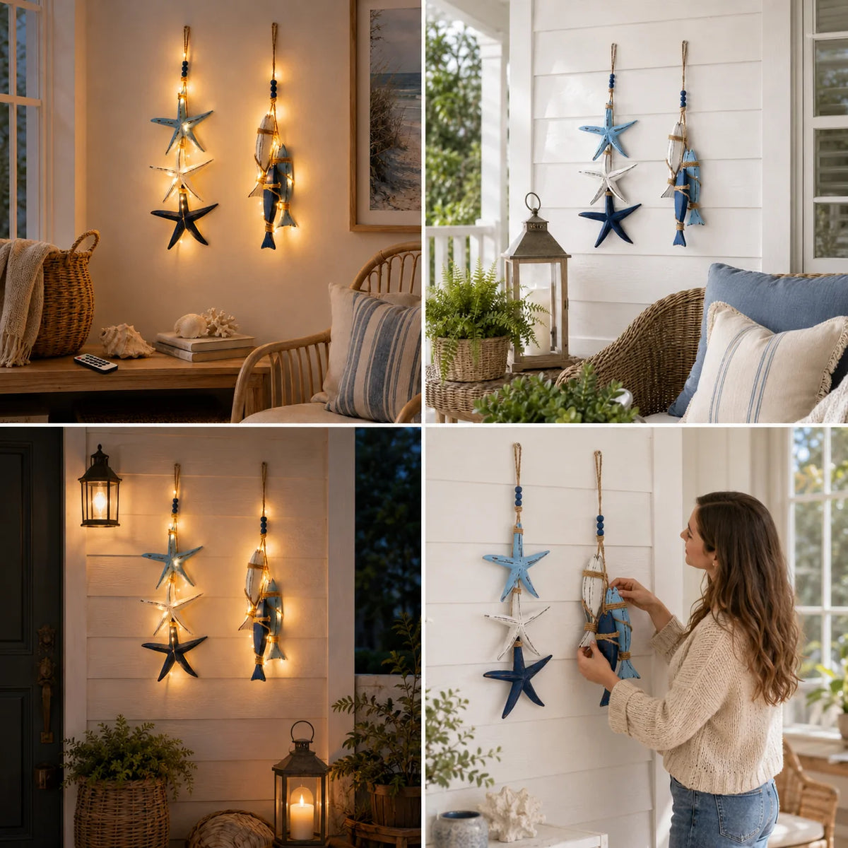 Decorative Lighted Coastal Wooden Starfish & Fish Hanging
