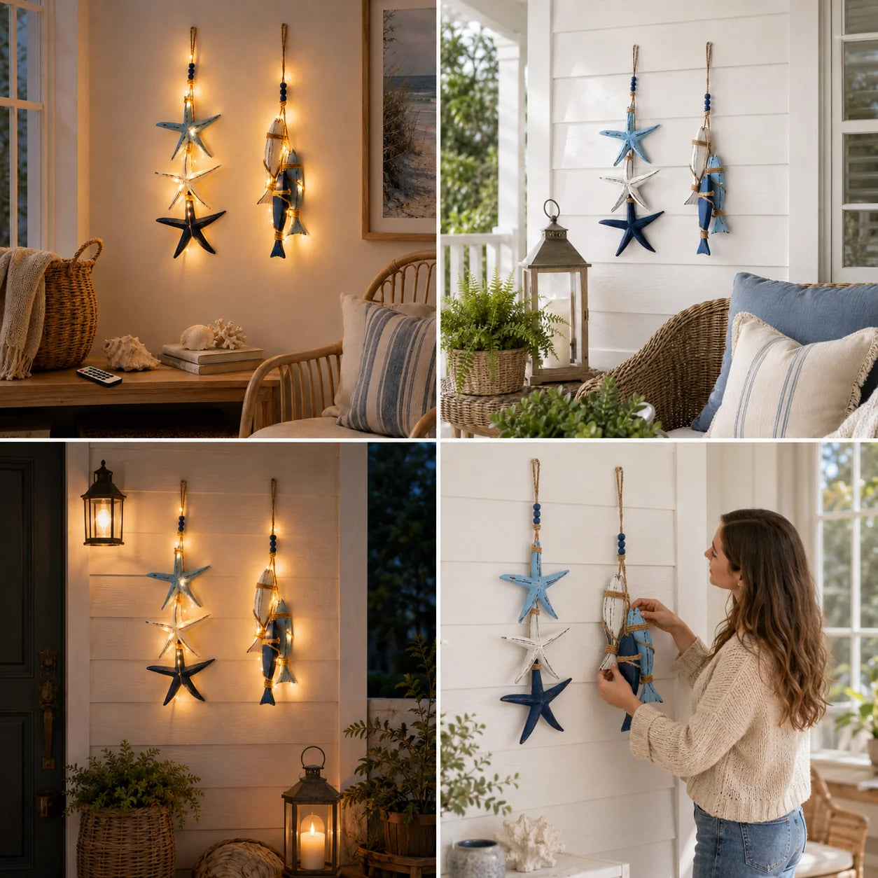 Decorative Lighted Coastal Wooden Starfish & Fish Hanging