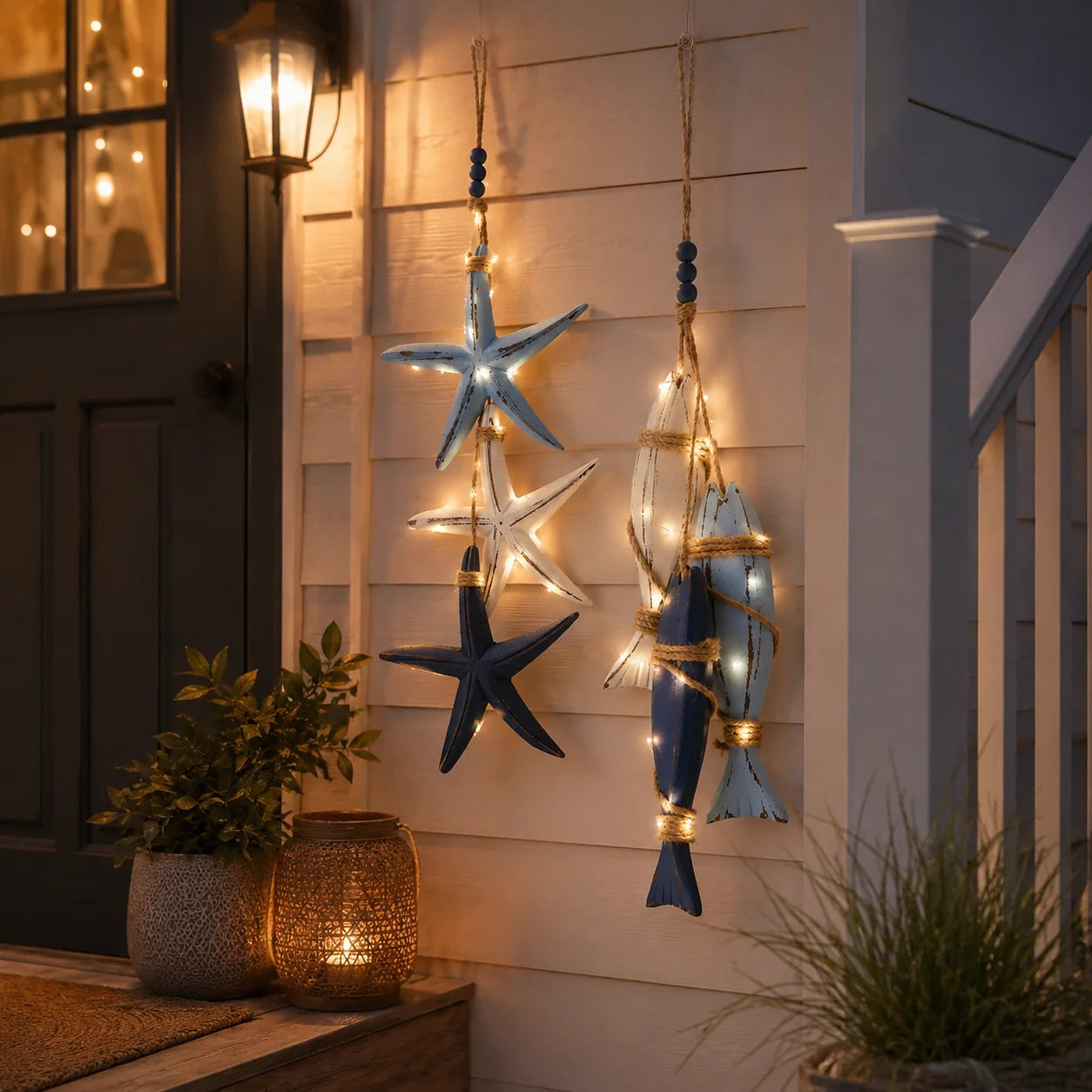 Decorative Lighted Coastal Wooden Starfish & Fish Hanging