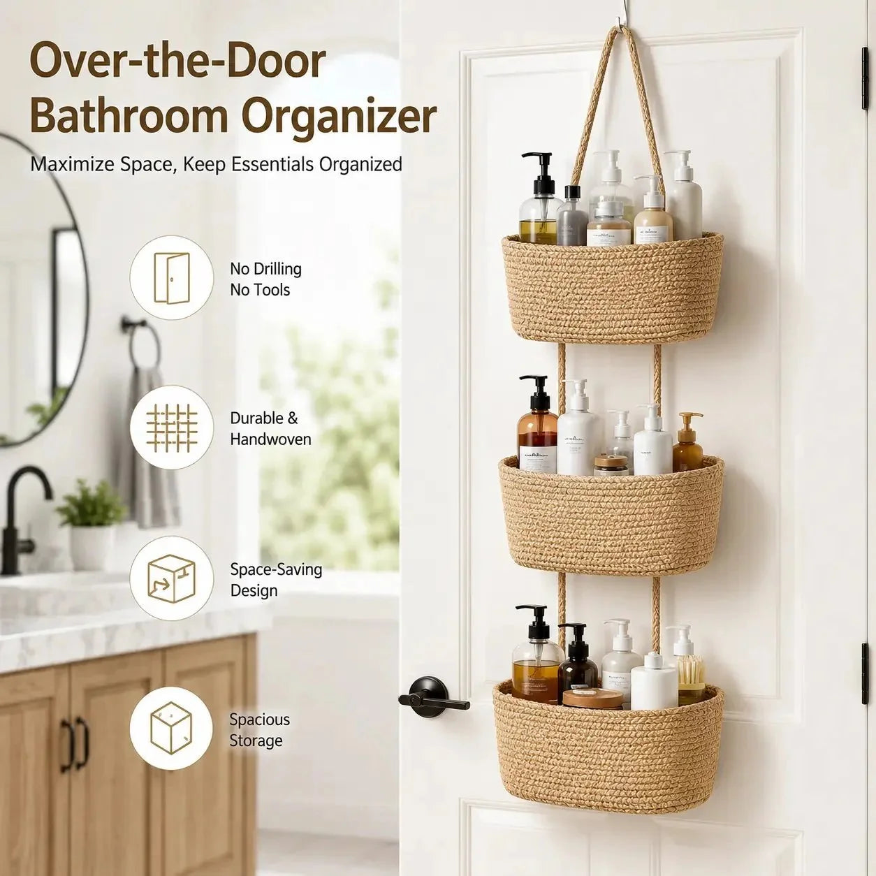 Space-Saving Woven Cotton 3-Tier Over-Door