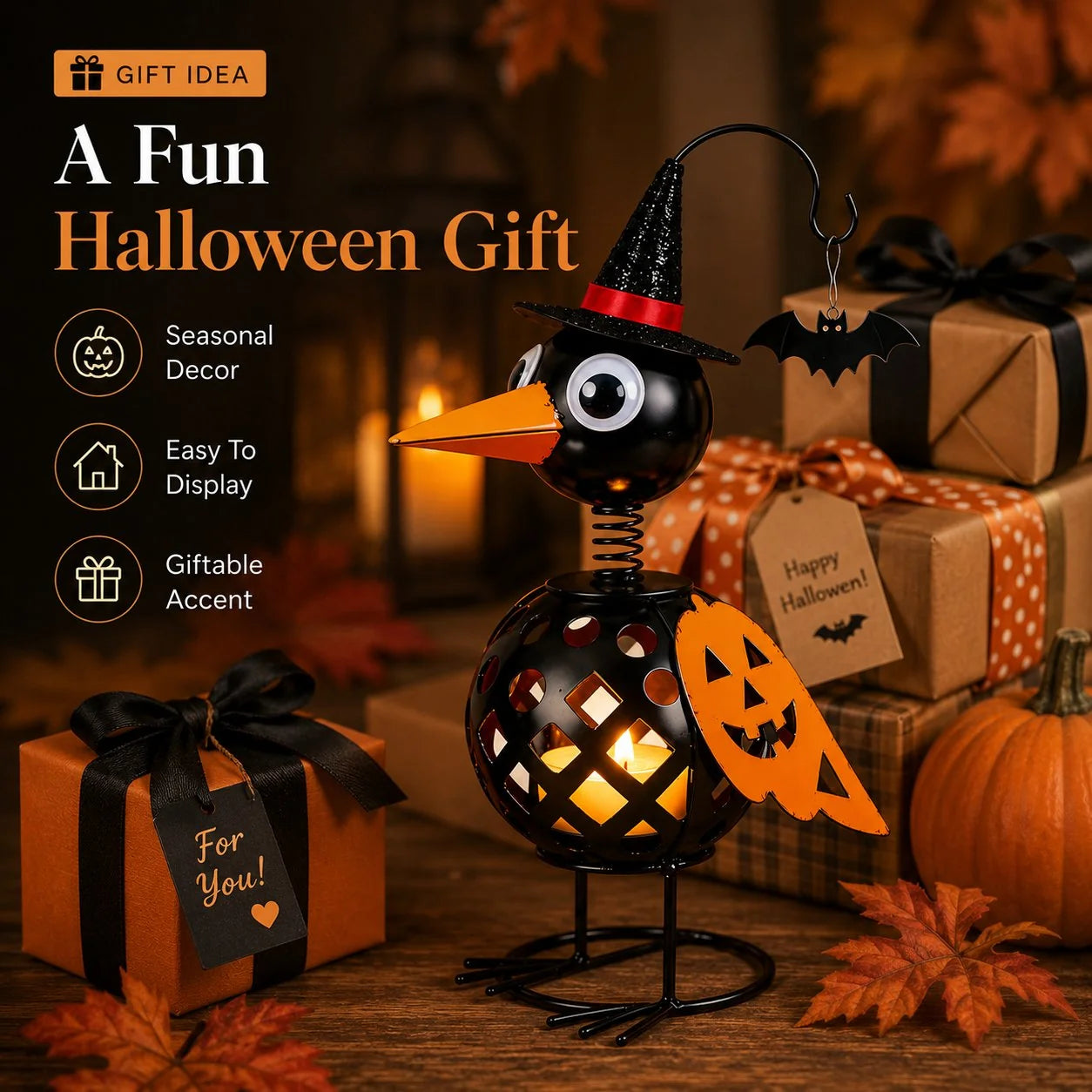 Purpose-Built Wrought Iron Crow and Pumpkin Ornament for Everyday Use