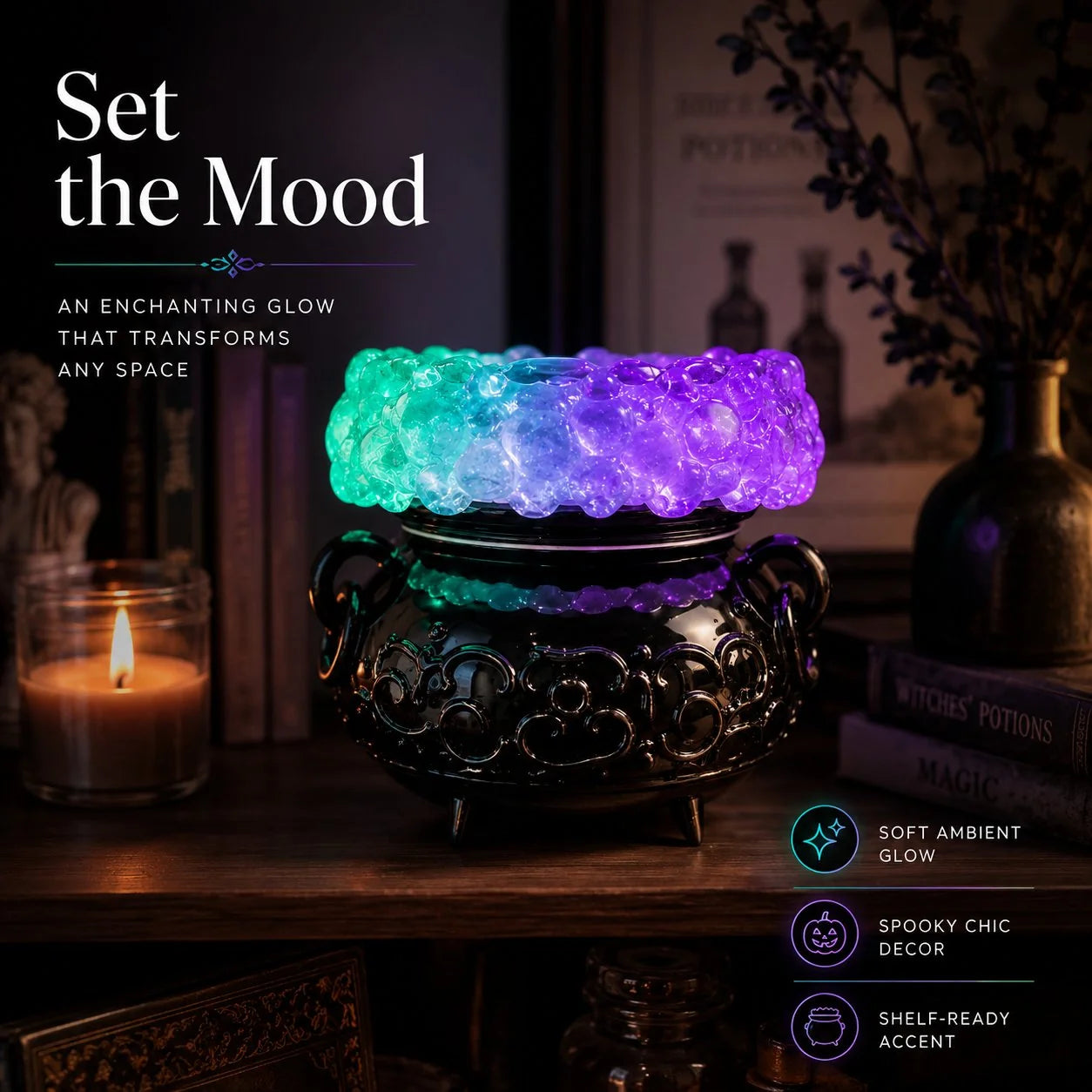 Decorative Cauldron LED Bubble Light Decor, Witch Potion Black