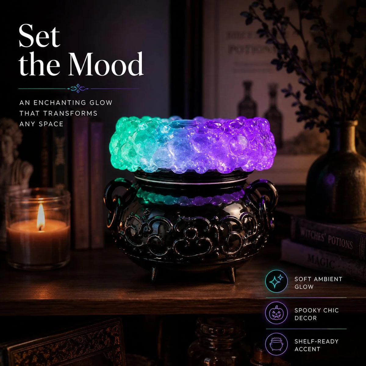 Decorative Cauldron LED Bubble Light Decor, Witch Potion Black