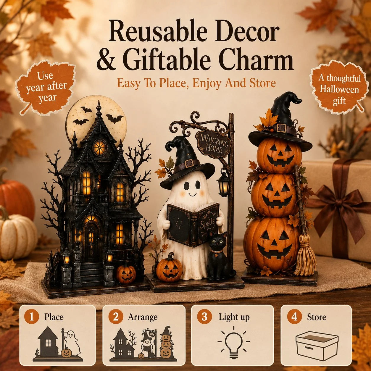 Decorative Lighted Haunted House & Character Figurine
