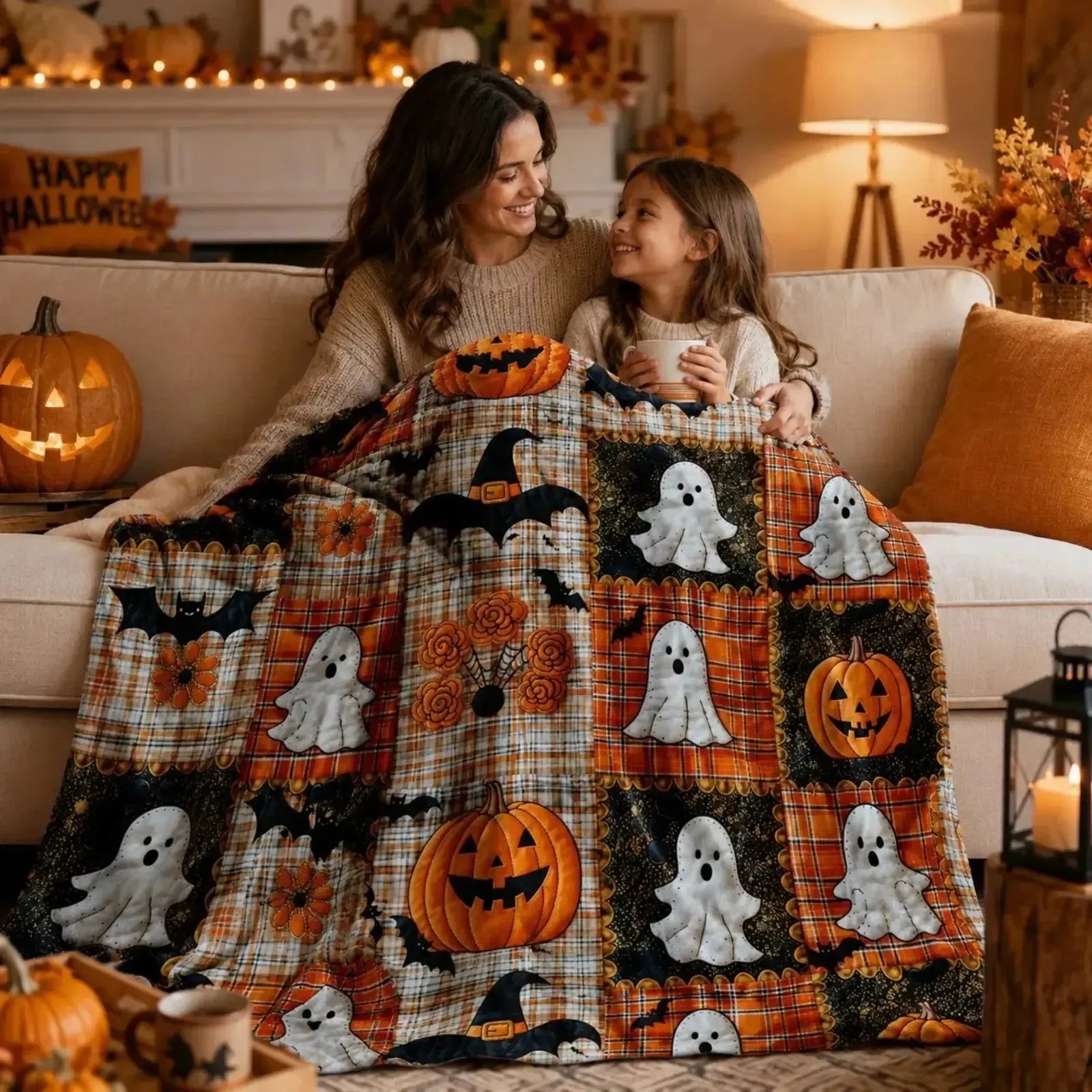 Decorative Pumpkin & Bat Flannel Throw Blanket, Soft Lightweight Cozy