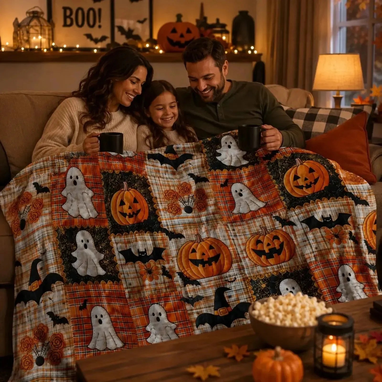 Decorative Pumpkin & Bat Flannel Throw Blanket, Soft Lightweight Cozy