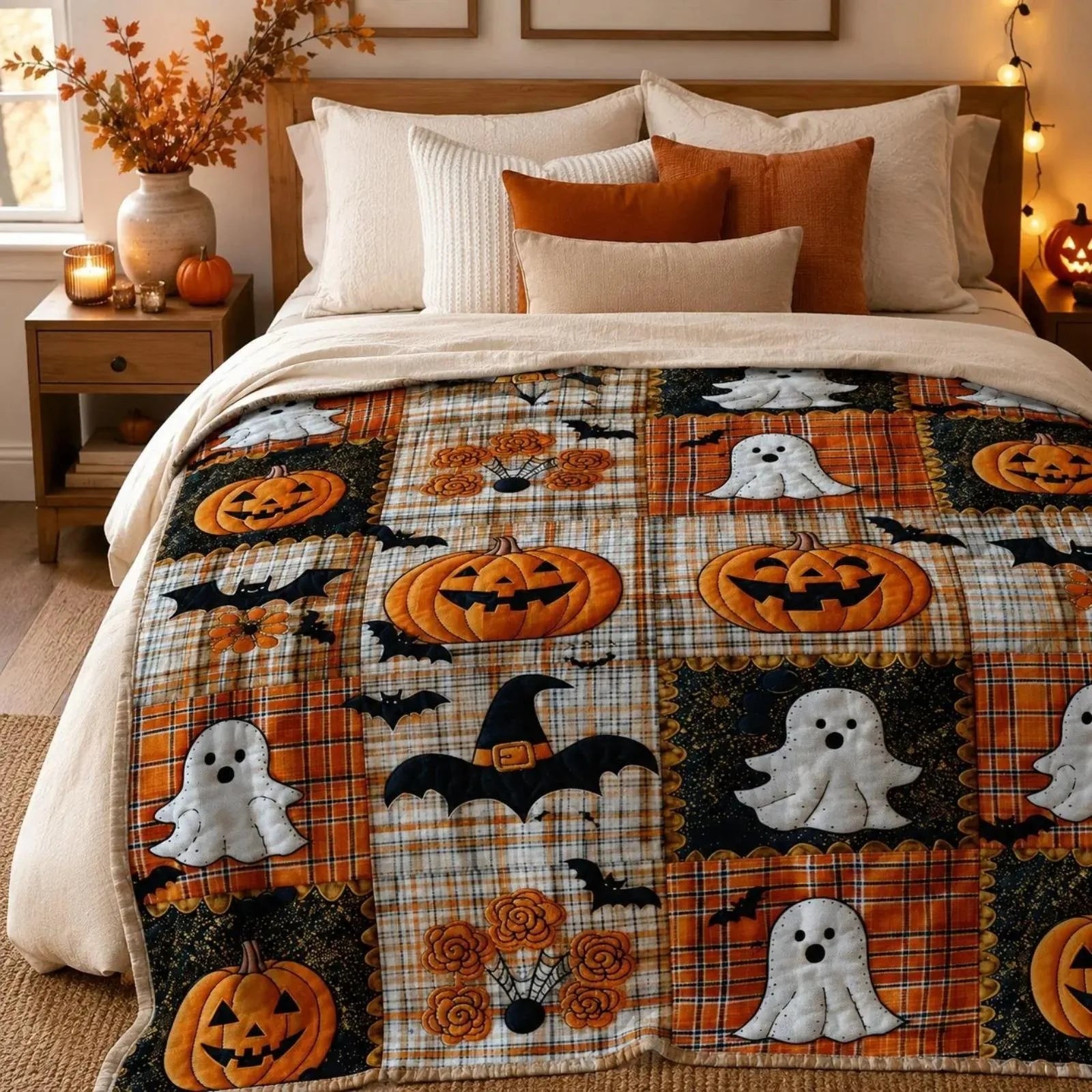 Decorative Pumpkin & Bat Flannel Throw Blanket, Soft Lightweight Cozy