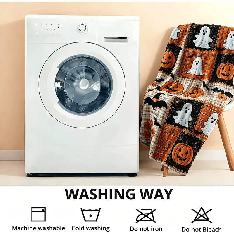 Decorative Pumpkin & Bat Flannel Throw Blanket, Soft Lightweight Cozy