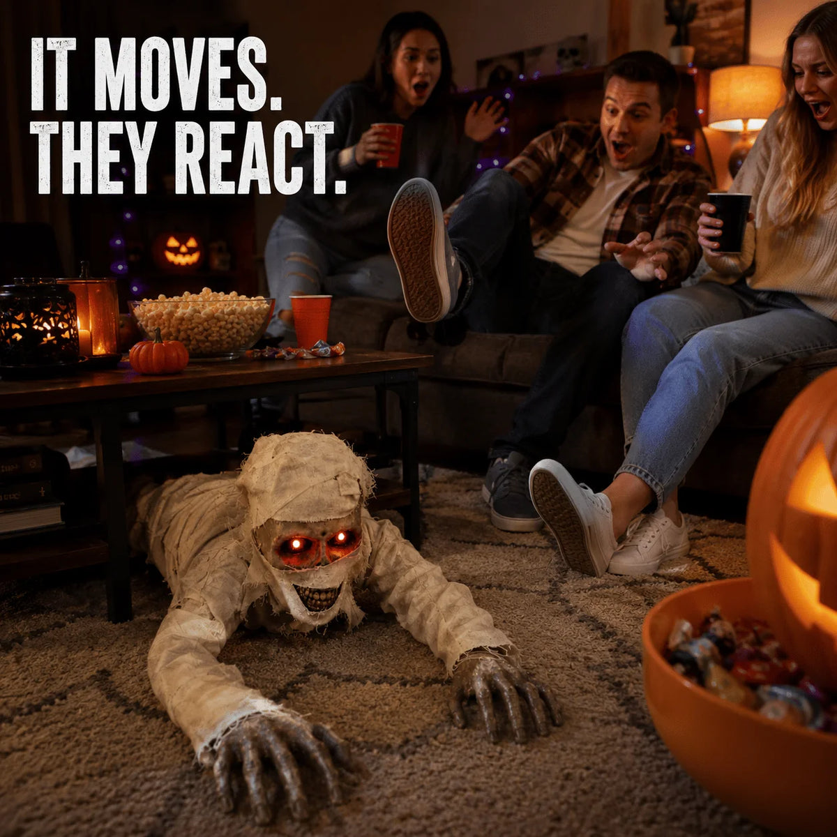 Crawling Mummy Prop with Sound Activation and Red-Lit Eyes