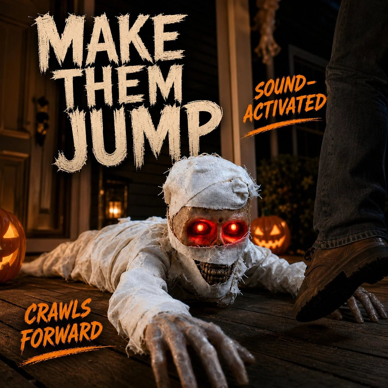 Crawling Mummy Prop with Sound Activation and Red-Lit Eyes
