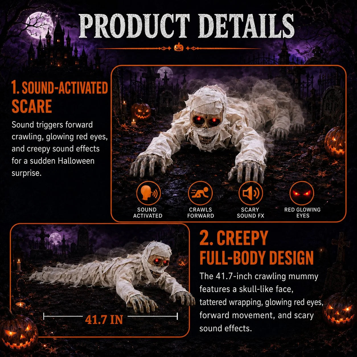 Crawling Mummy Prop with Sound Activation and Red-Lit Eyes