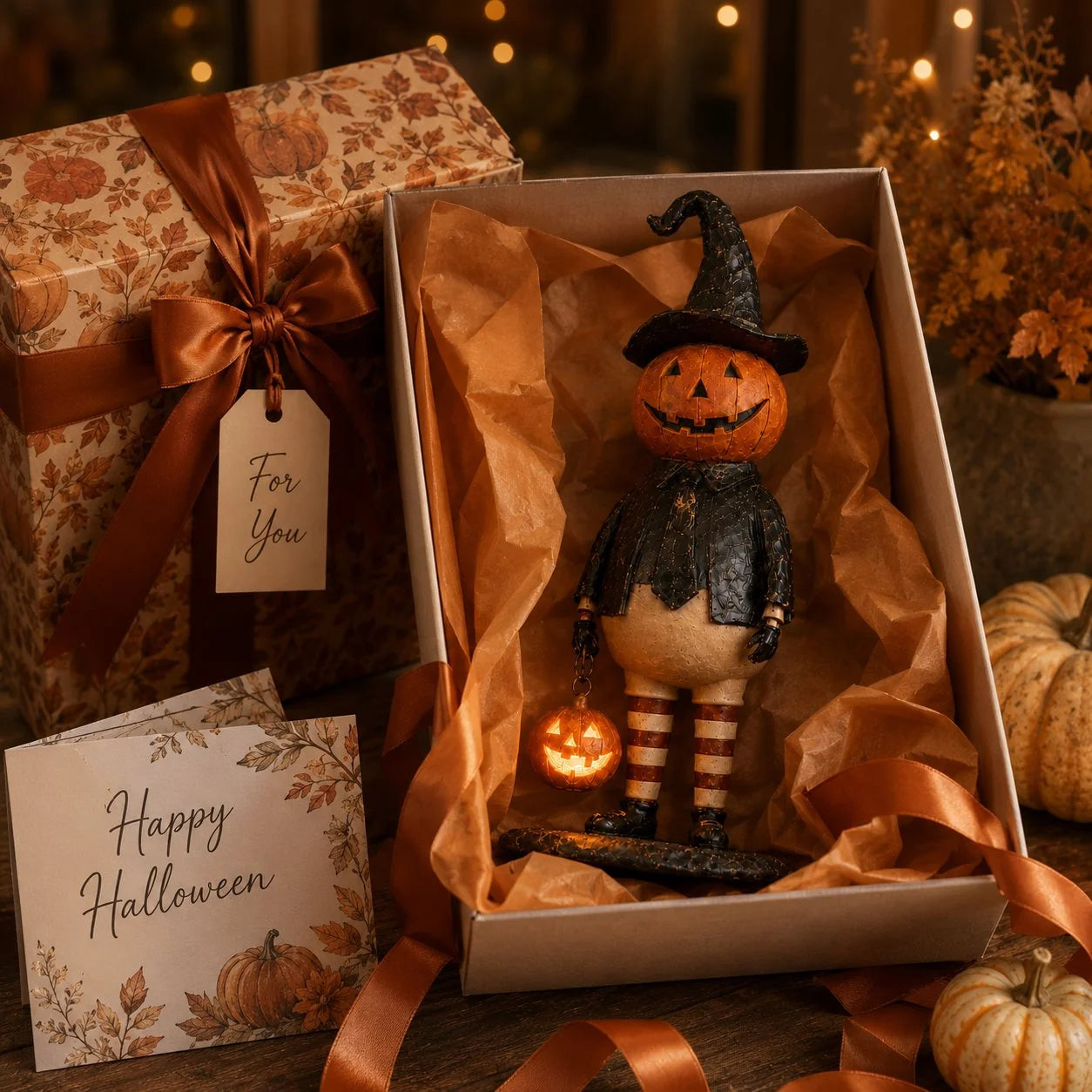 Glowing Pumpkin Witch Figurine for Halloween Display