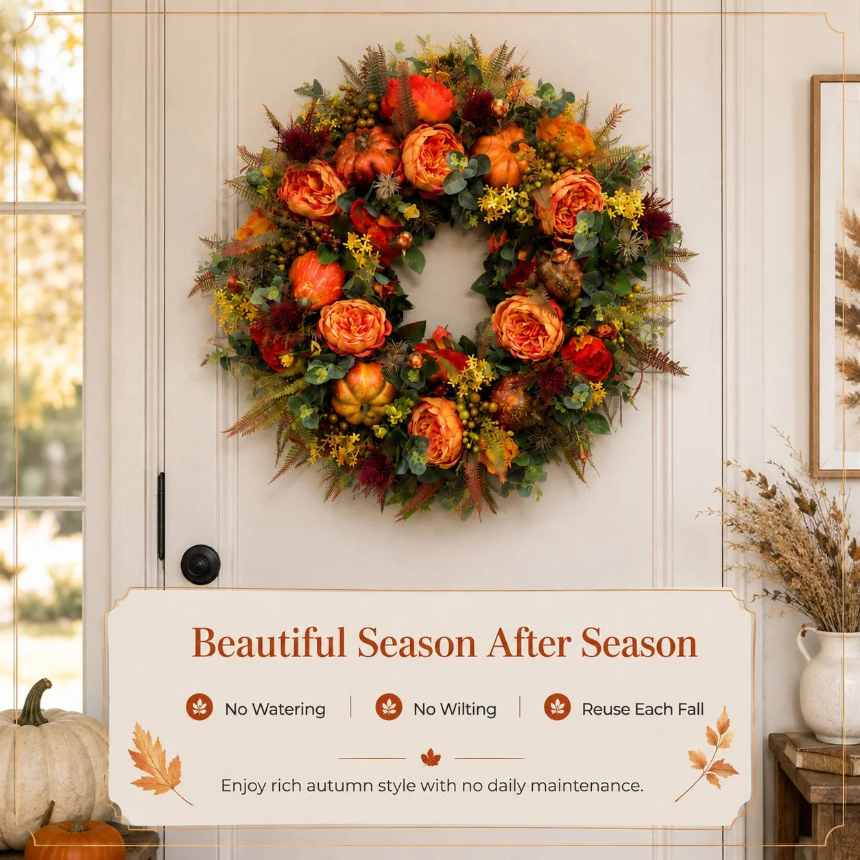 Purpose-Built Handmade Fall Peony And Pumpkin Wreath - Year Round