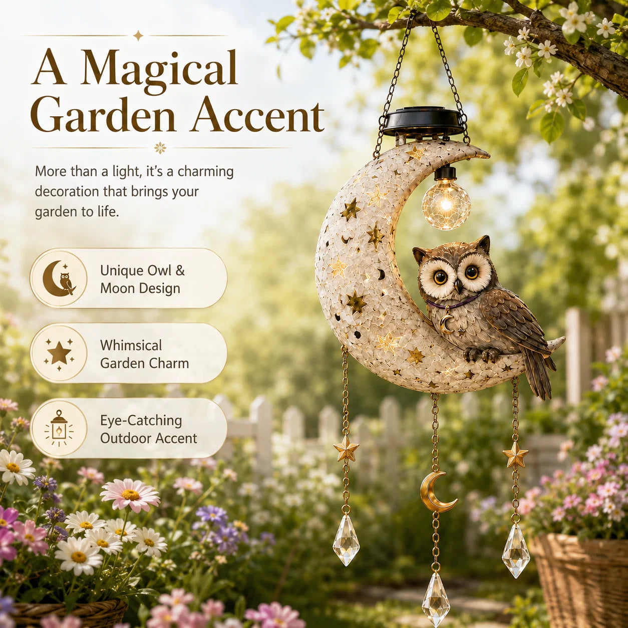 Outdoor Solar Owl Moon Garden Light for Garden Display
