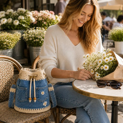 Distinctive Denim Crochet Drawstring Bucket Bag, Vintage Daisy