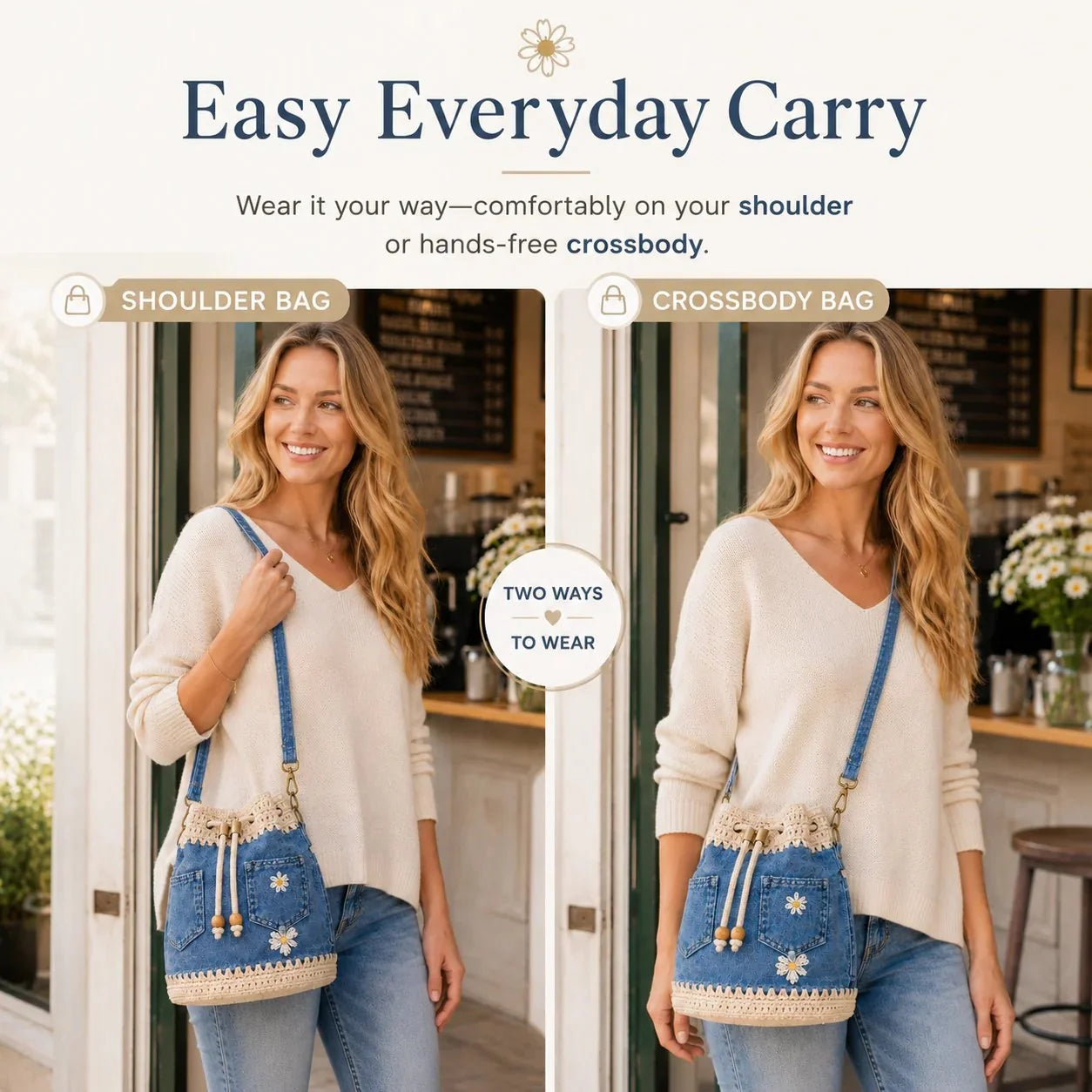 Distinctive Denim Crochet Drawstring Bucket Bag, Vintage Daisy