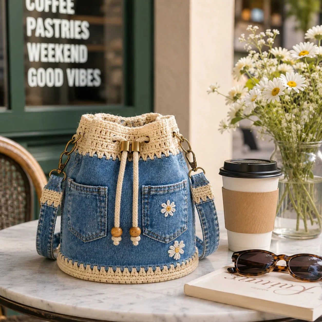 Distinctive Denim Crochet Drawstring Bucket Bag, Vintage Daisy
