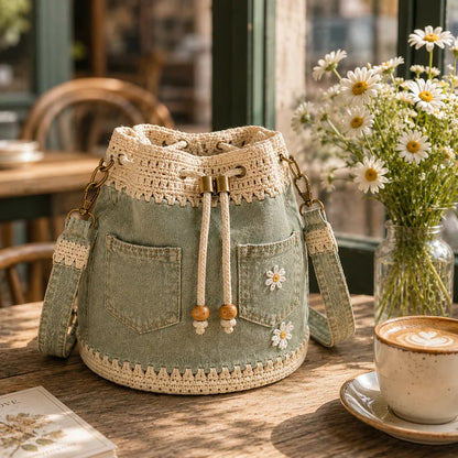 Distinctive Denim Crochet Drawstring Bucket Bag, Vintage Daisy