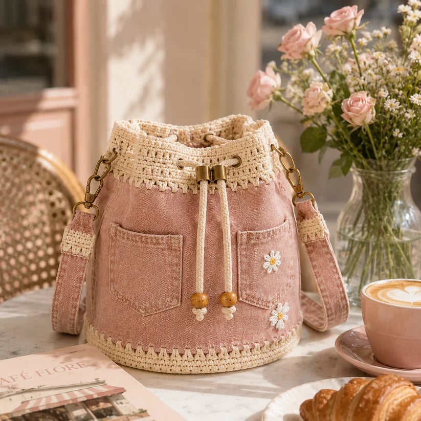 Distinctive Denim Crochet Drawstring Bucket Bag, Vintage Daisy