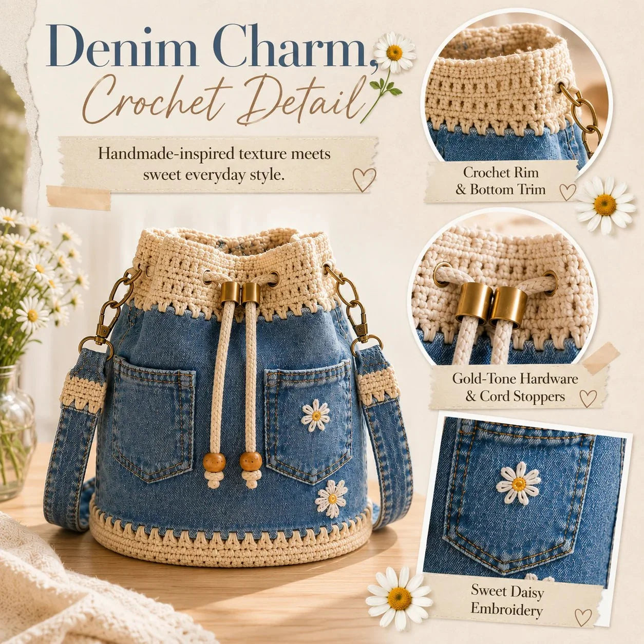 Distinctive Denim Crochet Drawstring Bucket Bag, Vintage Daisy