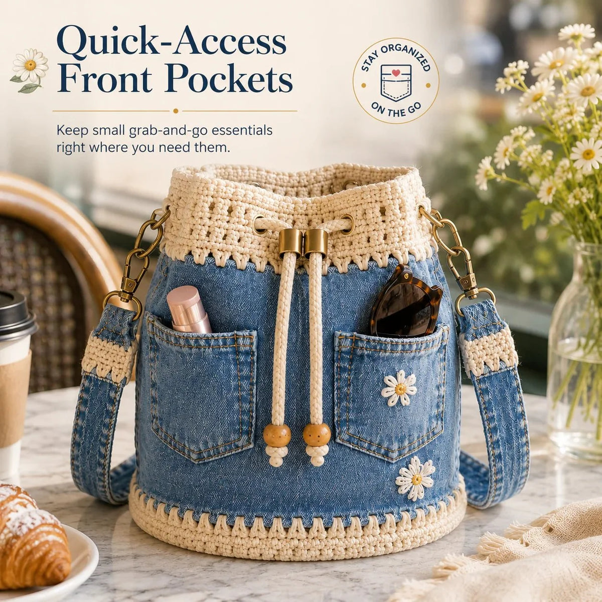 Distinctive Denim Crochet Drawstring Bucket Bag, Vintage Daisy
