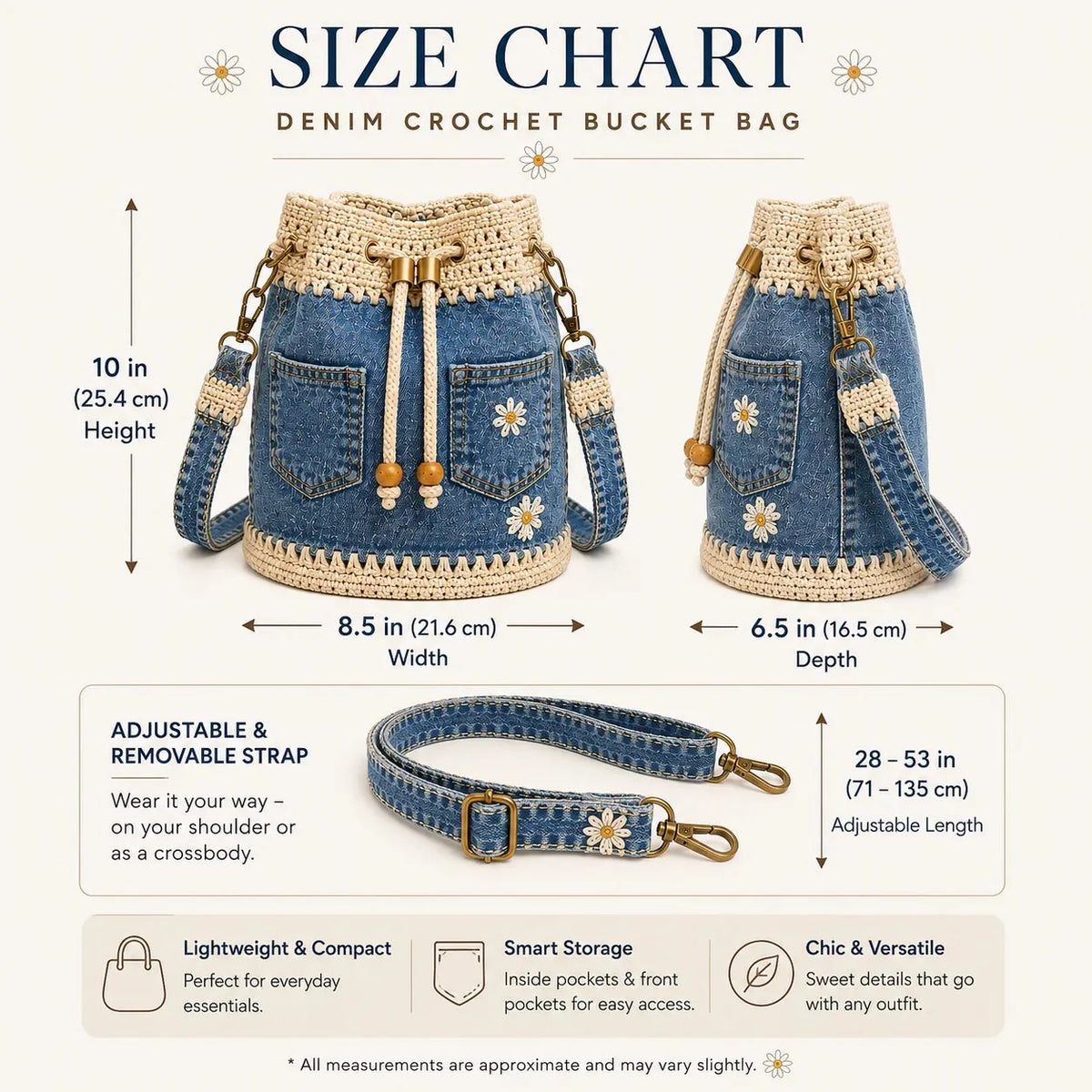 Distinctive Denim Crochet Drawstring Bucket Bag, Vintage Daisy
