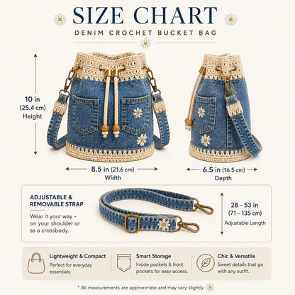 Distinctive Denim Crochet Drawstring Bucket Bag, Vintage Daisy