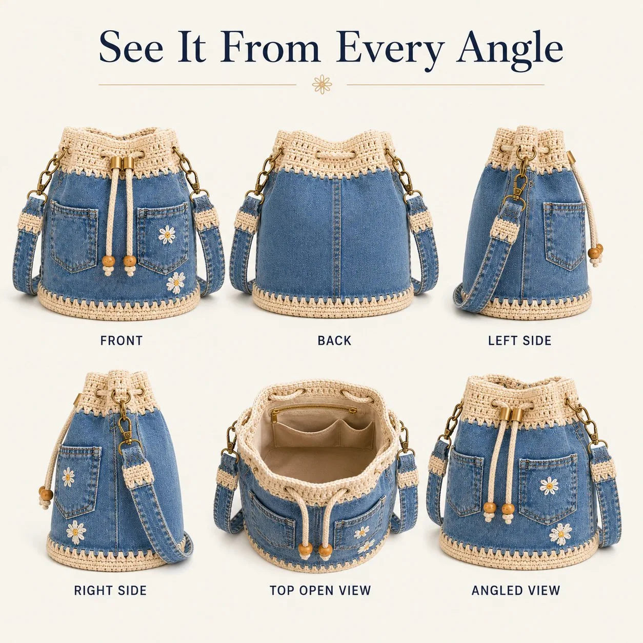 Distinctive Denim Crochet Drawstring Bucket Bag, Vintage Daisy