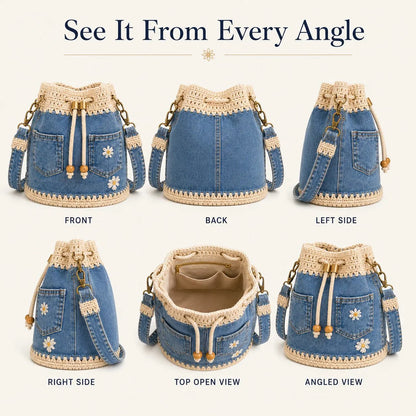 Distinctive Denim Crochet Drawstring Bucket Bag, Vintage Daisy