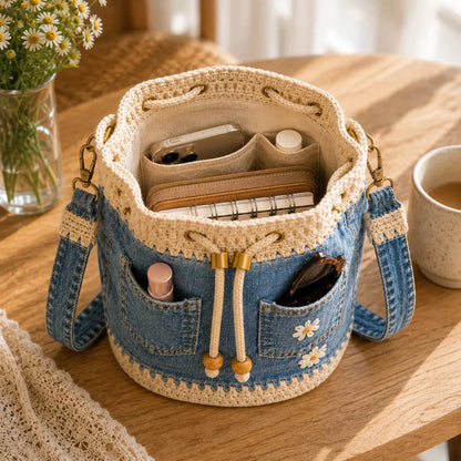 Distinctive Denim Crochet Drawstring Bucket Bag, Vintage Daisy