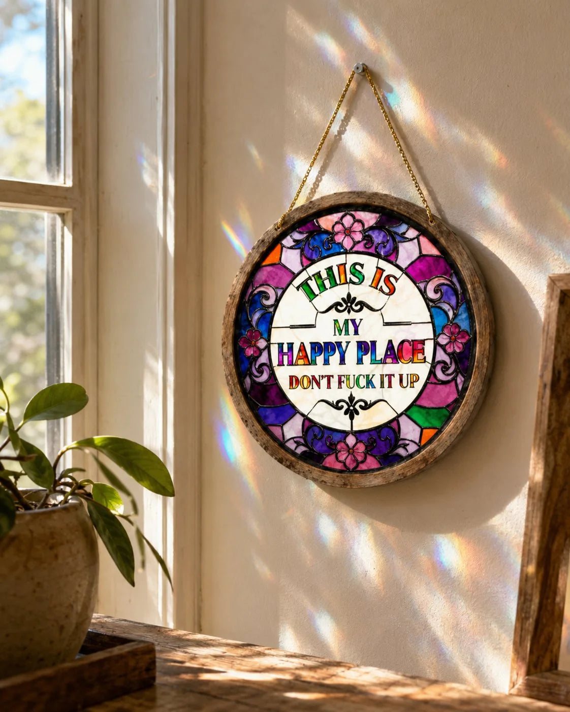 Decorative Stained Glass-Style Happy Place Hanging Suncatcher
