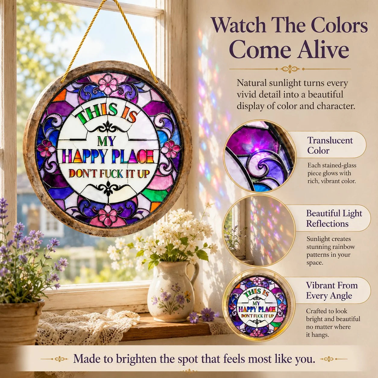Decorative Stained Glass-Style Happy Place Hanging Suncatcher