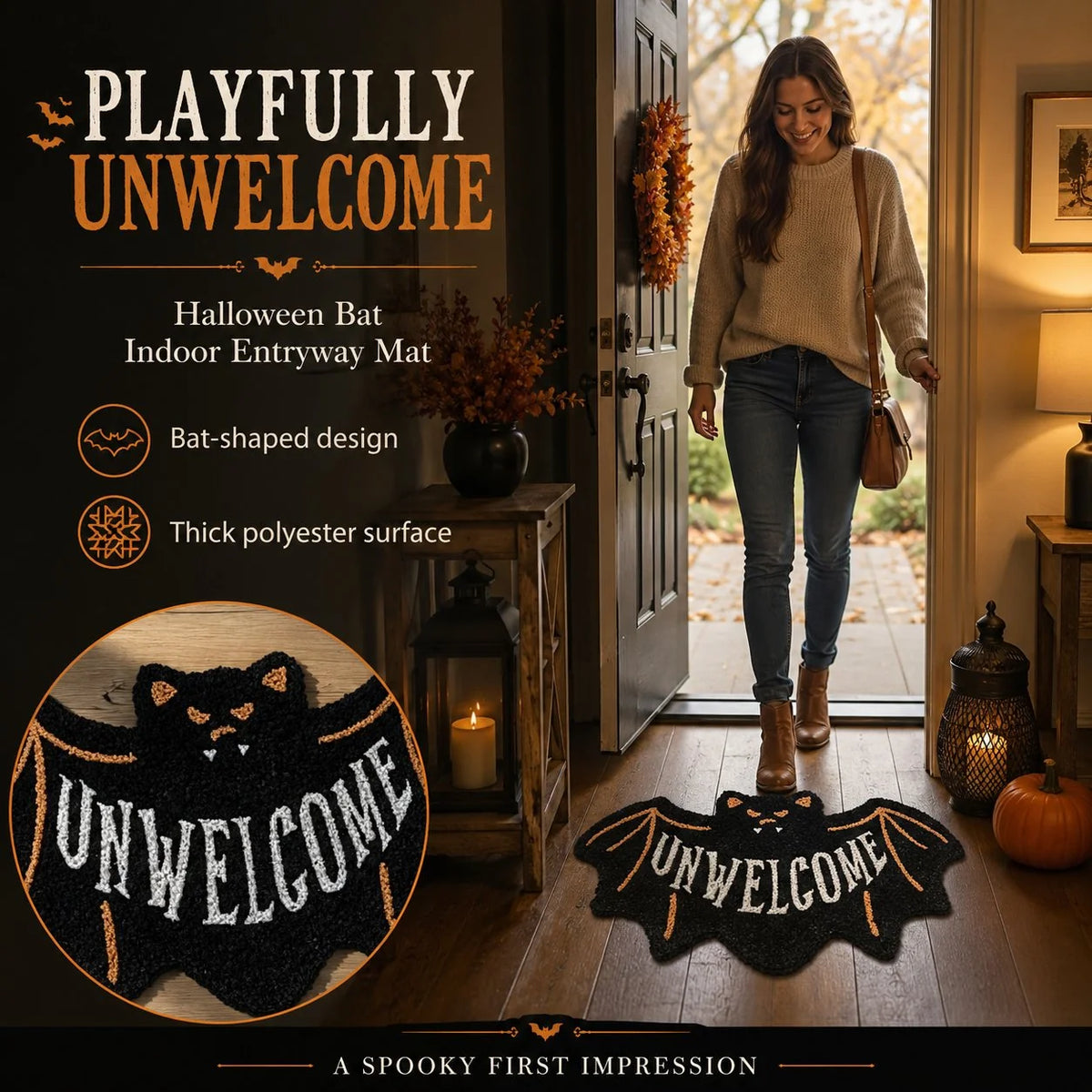 Purpose-Built “UNWELCOME” Bat Entryway Mat – Thick Bat-Shaped